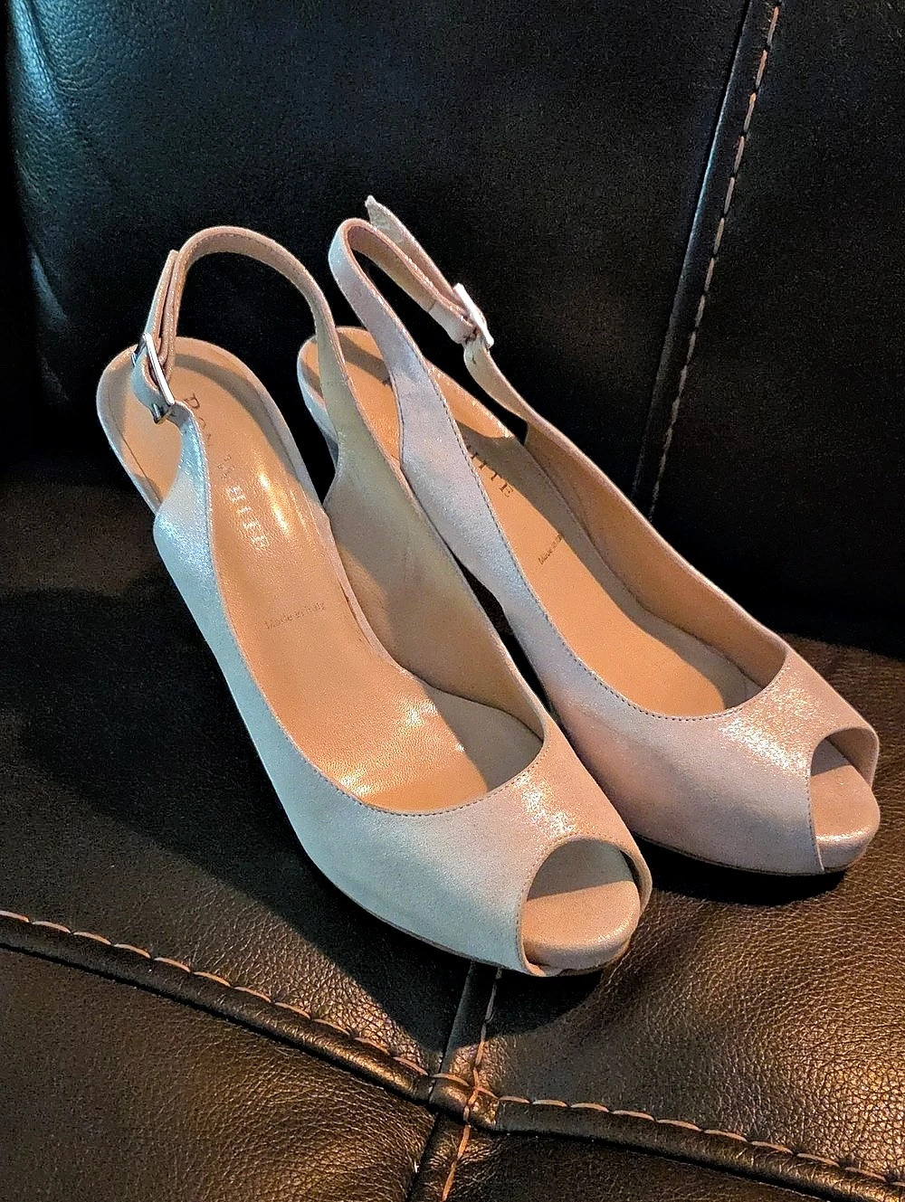 Ron White Metallic Champagne Suede Women's Peep Toe Slingback Heels